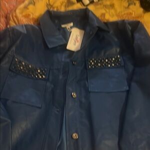 Blue Faux Leather Jacket with Studded Pockets